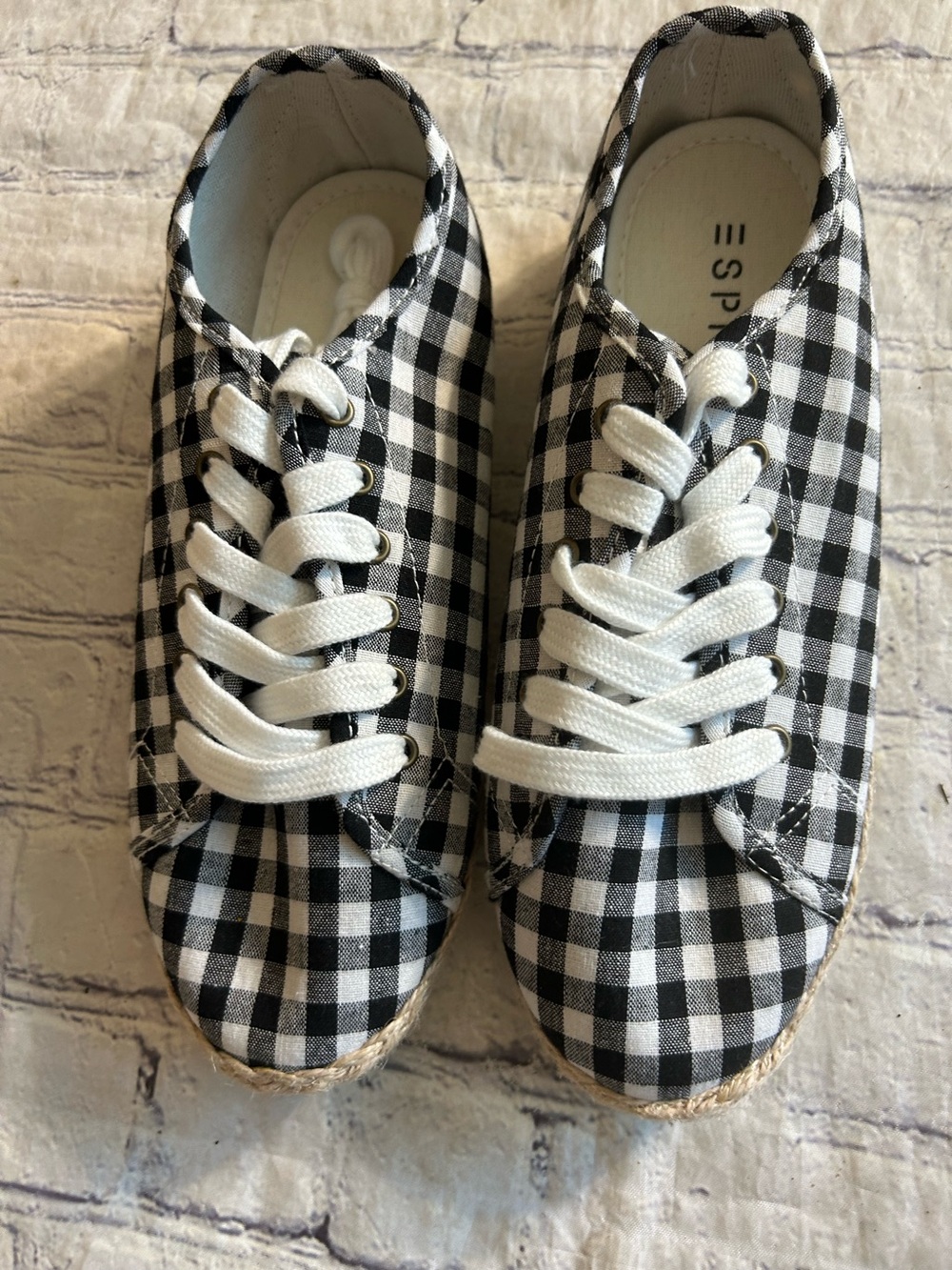 ESPRIT WOMEN’S ELOISE ESPADRILLES BLACK & WHITE GINGHAM CHECH LACE -UP SNEAKERS